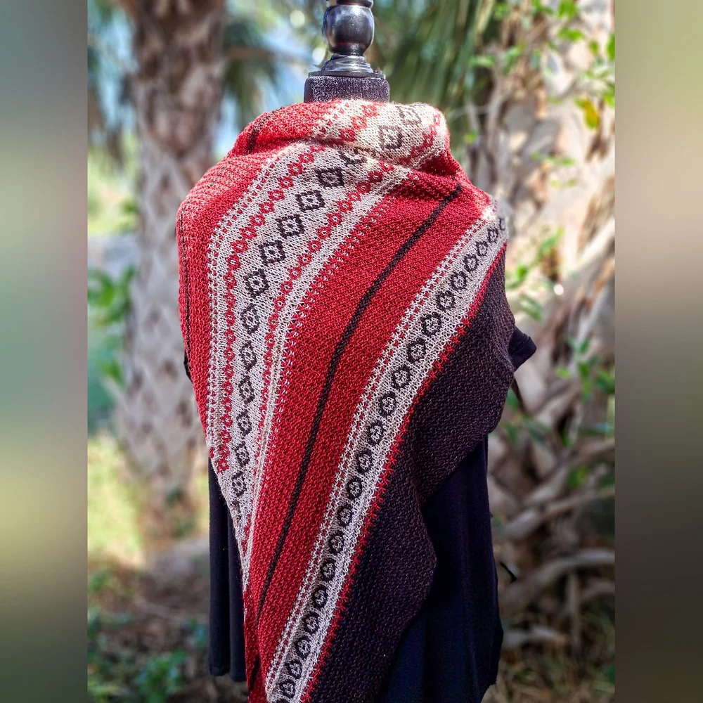 Hand Knitted Shawl One of a Kind Elegant Red Beige Coffee Brown Merino Wool - Picture 12 of 15